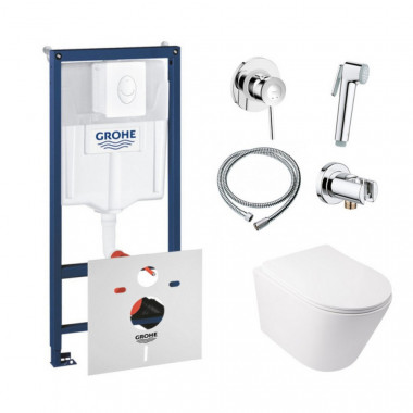 4 SD00038279 Комплект инсталляция Grohe Rapid SL 38722001 + унитаз с сиденьем Qtap Swan QT16335178W + набор для гигиенического душа со смесителем Grohe BauClassic 111048