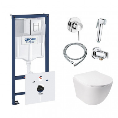 4 SD00038270 Комплект инсталляция Grohe Rapid SL 38827000 + унитаз с сиденьем Qtap Jay QT07335176W + набор для гигиенического душа со смесителем Grohe BauClassic 111048