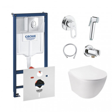 4 SD00038265 Комплект инсталляция Grohe Rapid SL 38721001 + унитаз с сиденьем Qtap Jay QT07335176W + набор для гигиенического душа со смесителем Grohe BauLoop 111042