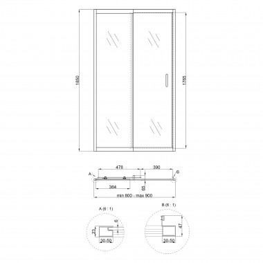 3 SD00045294 Душевая дверь в нишу Qtap Taurus CRM208-9.C6 80-90x185 см, стекло Clear 6 мм, покрытие CalcLess